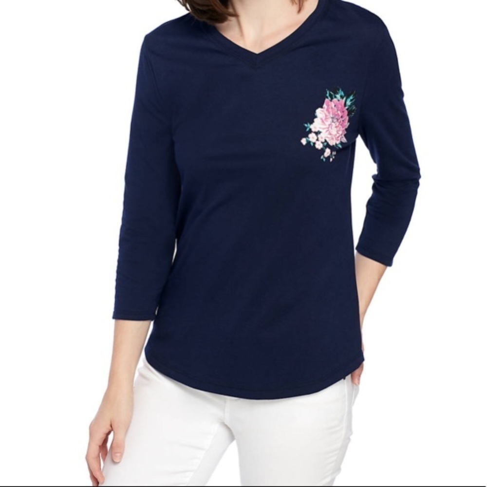 Kim Rogers Graphic Tunic Top Medium V-Neck 3/4 Sleeve Shirt Casual Fall Apparel